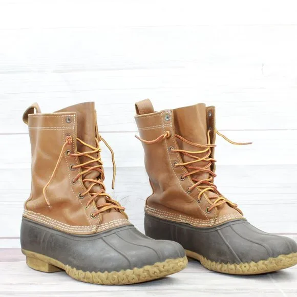 LL Bean Brown Leather Lace Up Unlined Waterproof Duck Boots Size 12 Medium - Picture 3 of 8
